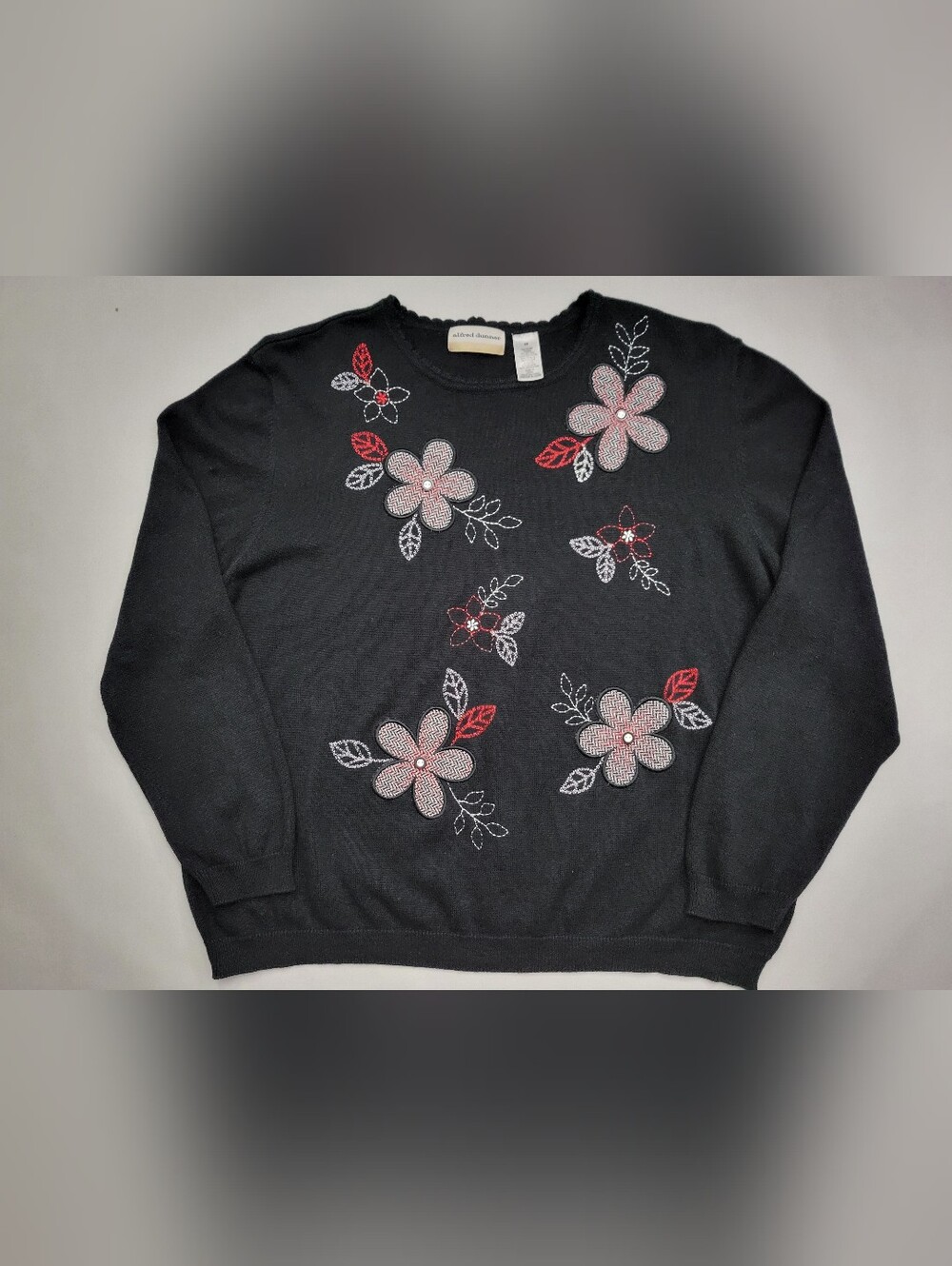 Alfred Dunner Black Crewneck Sweater with White & Red Floral Embroidery Size 2X